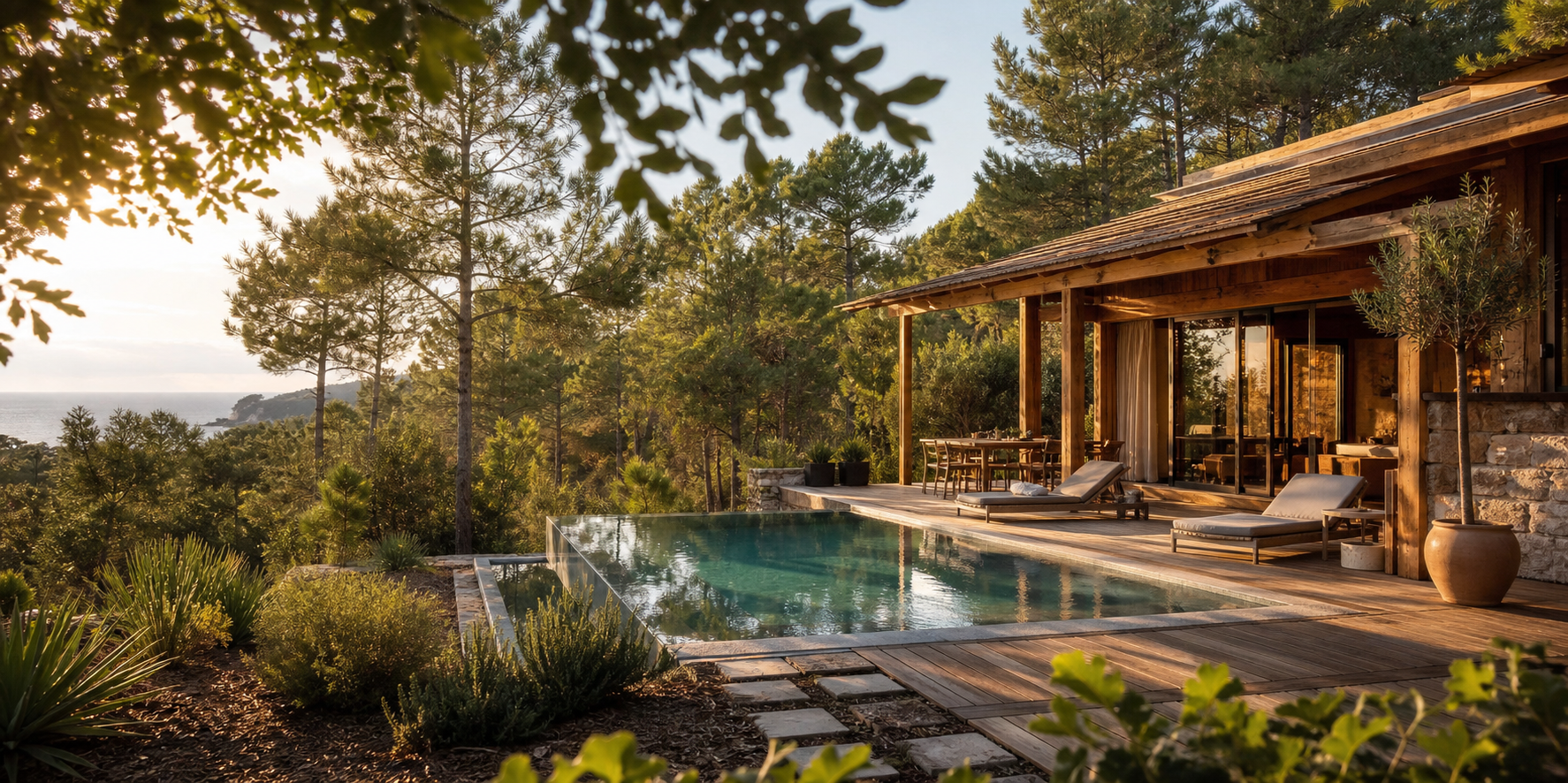 Wooden cabin retreat with a pool surrounded by green forest